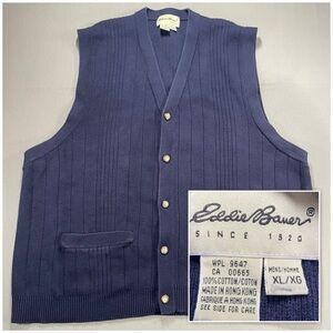 VINTAGE Eddie Bauer Cotton Knit V-Neck Button Up Sweater Vest - Mens XL - Navy